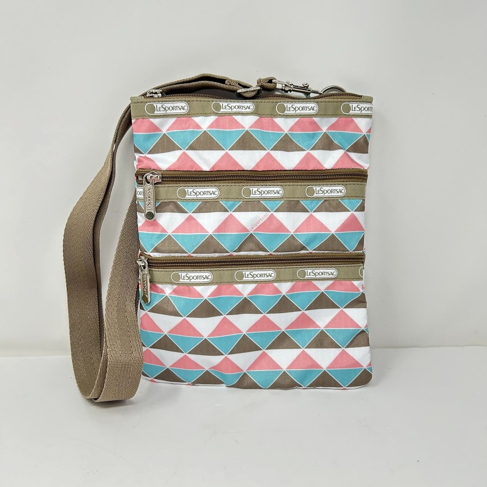 LeSportSac Zipper Crossbody Purse Bag Pink Blue Geometric Triangles